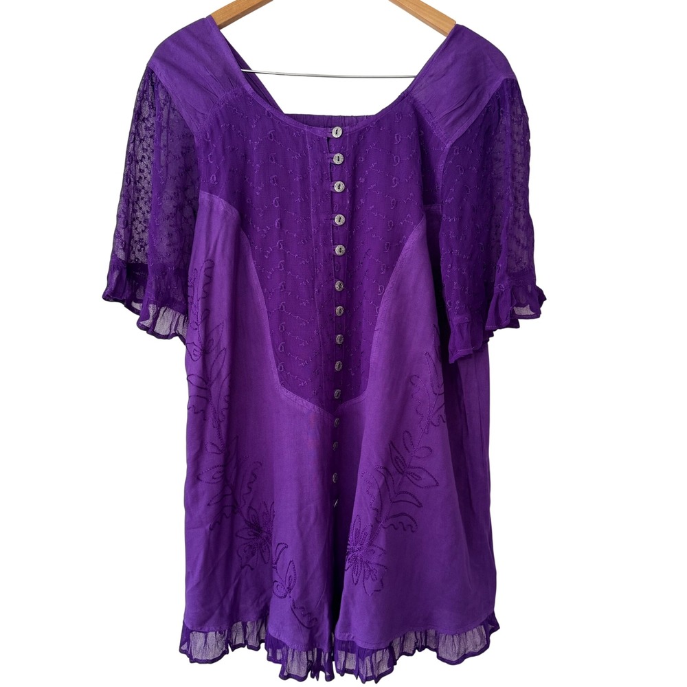 Roamans Boho Fairy Hippie Purple Embroidered Eyelet Lace Tunic‎ Top 14W Festival